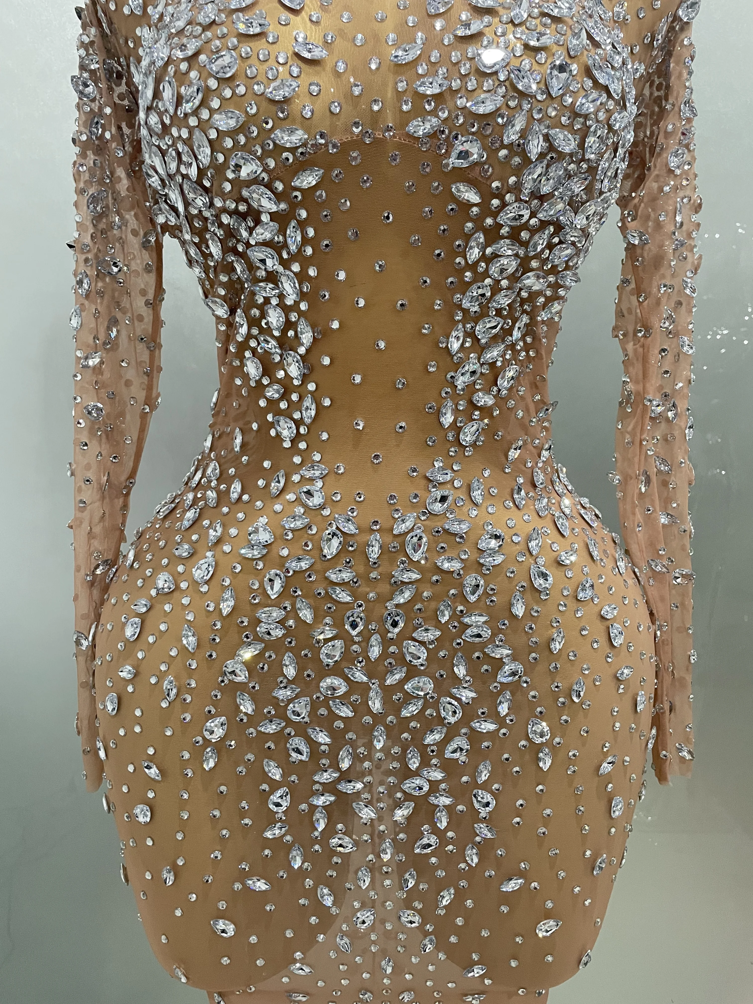 Sexy Shinny Rhinestone Stretch Mesh Transparent Long Dress 2025New Women Evening Birthday Party Prom Nightclub Singer Stage Wear