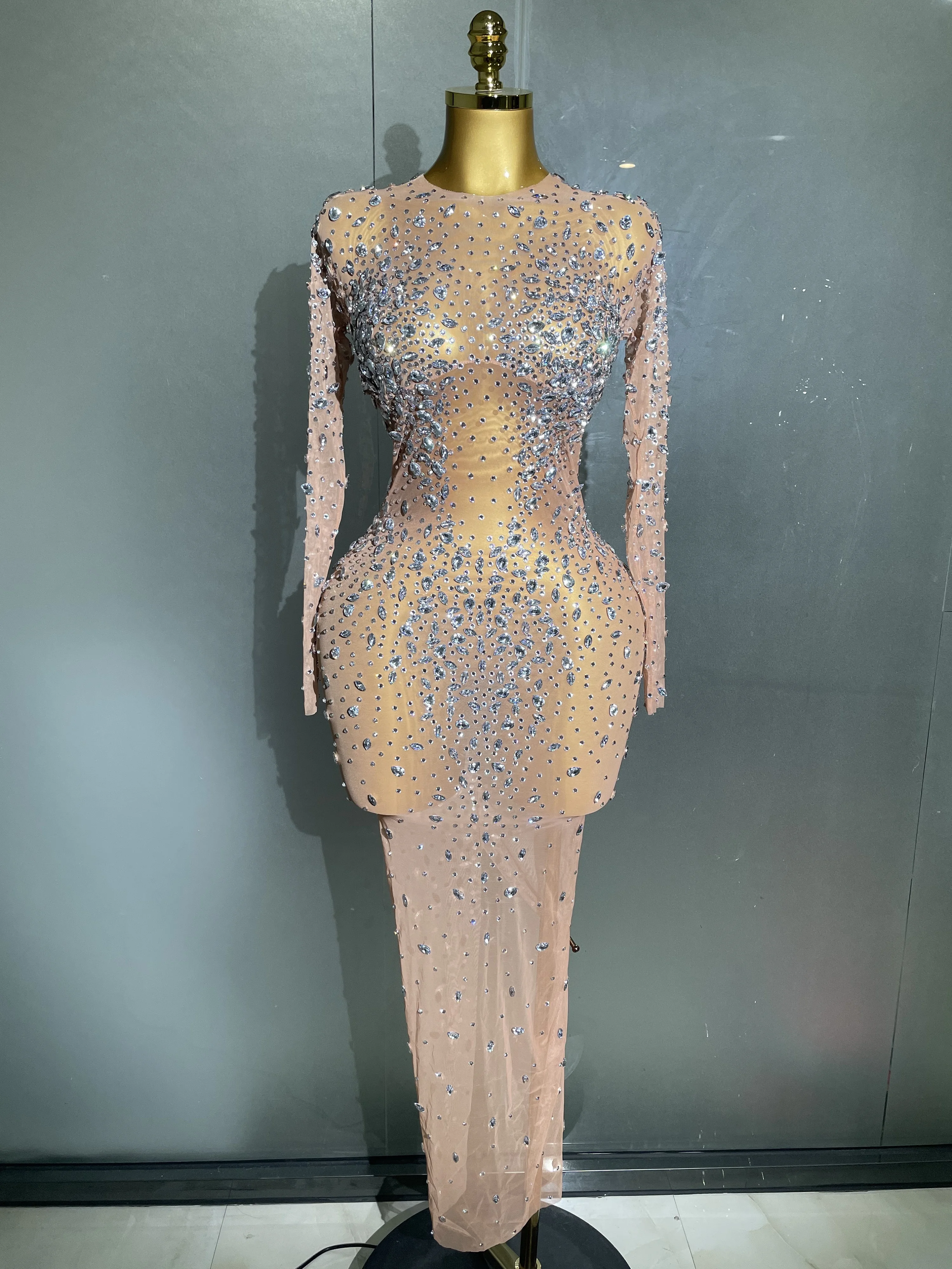 Sexy Shinny Rhinestone Stretch Mesh Transparent Long Dress 2025New Women Evening Birthday Party Prom Nightclub Singer Stage Wear
