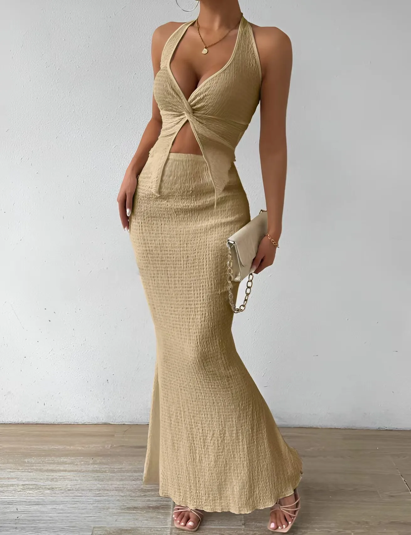 Tuularose White Long Skirt Two Piece Summer Sexy Twist Lace-up Vest Top Tight Long Skirt Set Elegant 2025 Female Long Dress Sets
