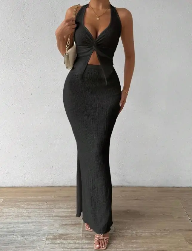Tuularose White Long Skirt Two Piece Summer Sexy Twist Lace-up Vest Top Tight Long Skirt Set Elegant 2025 Female Long Dress Sets