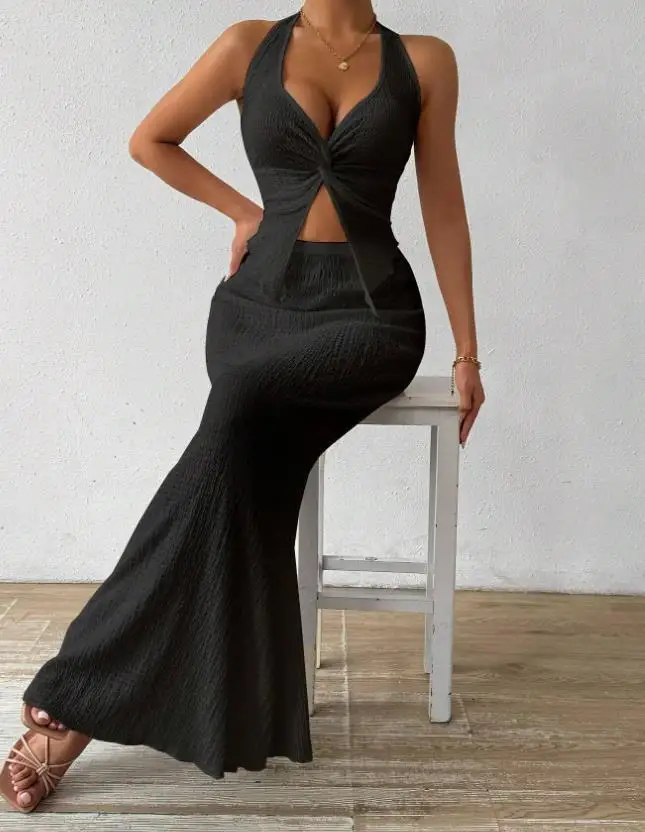 Tuularose White Long Skirt Two Piece Summer Sexy Twist Lace-up Vest Top Tight Long Skirt Set Elegant 2025 Female Long Dress Sets
