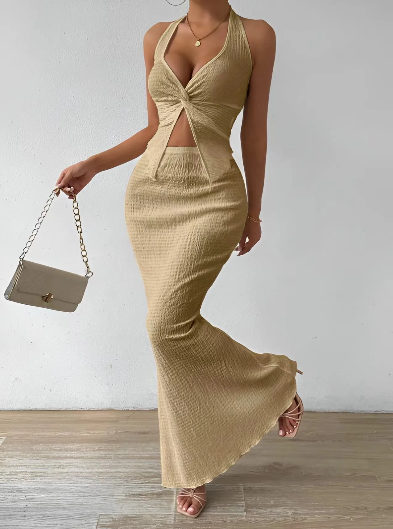 Tuularose White Long Skirt Two Piece Summer Sexy Twist Lace-up Vest Top Tight Long Skirt Set Elegant 2025 Female Long Dress Sets