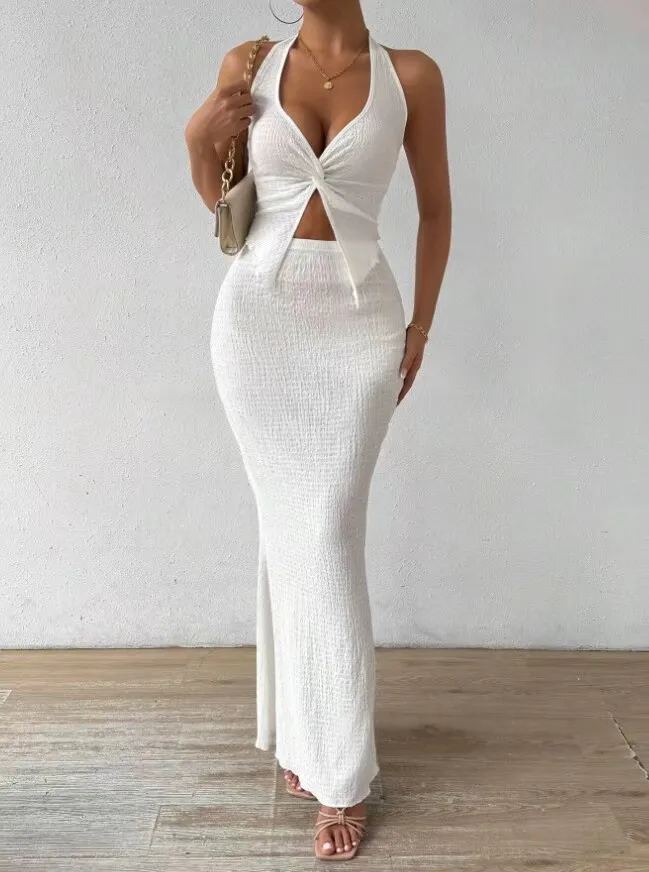 Tuularose White Long Skirt Two Piece Summer Sexy Twist Lace-up Vest Top Tight Long Skirt Set Elegant 2025 Female Long Dress Sets