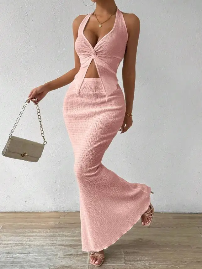Tuularose White Long Skirt Two Piece Summer Sexy Twist Lace-up Vest Top Tight Long Skirt Set Elegant 2025 Female Long Dress Sets