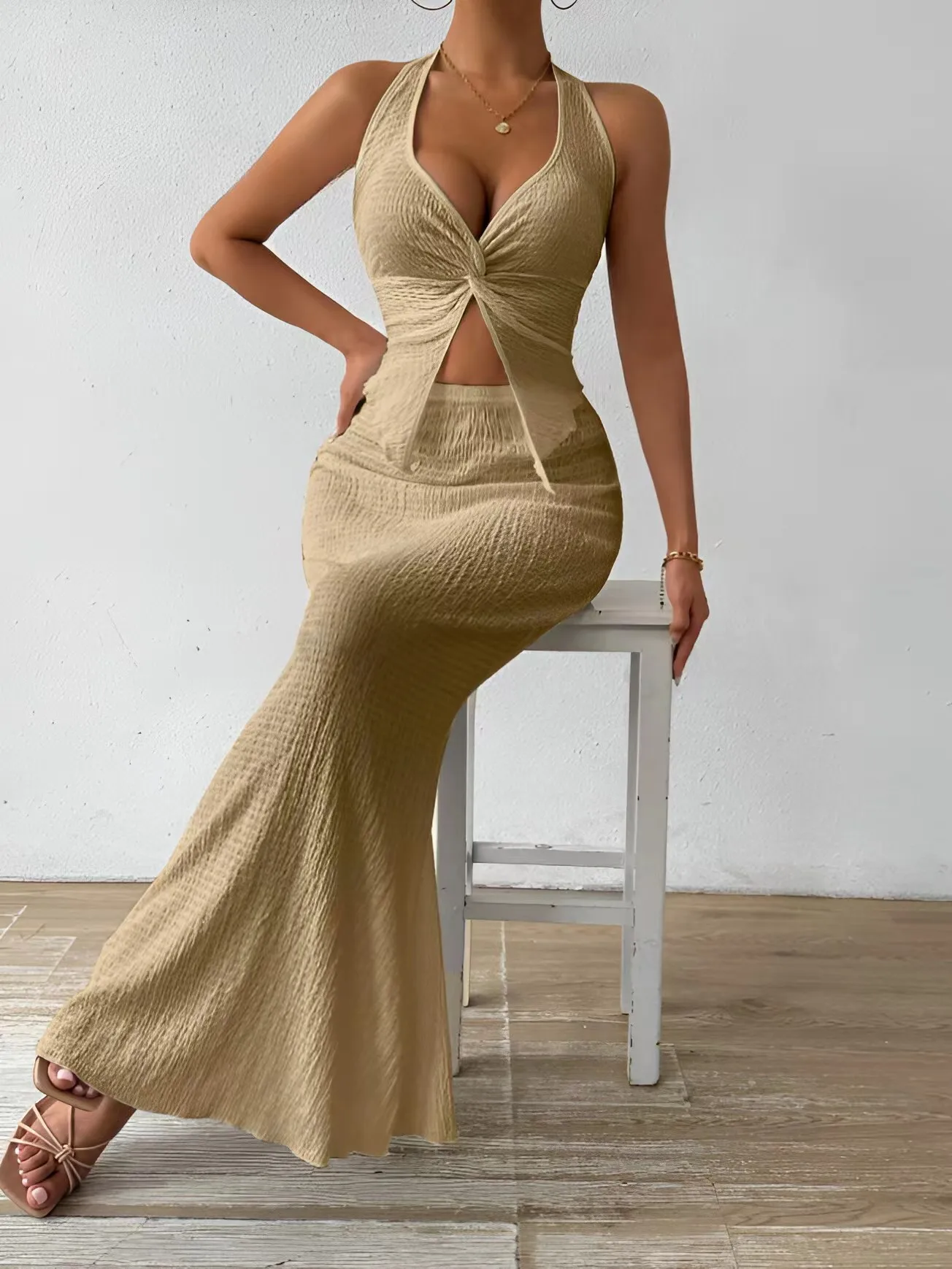 Tuularose White Long Skirt Two Piece Summer Sexy Twist Lace-up Vest Top Tight Long Skirt Set Elegant 2025 Female Long Dress Sets