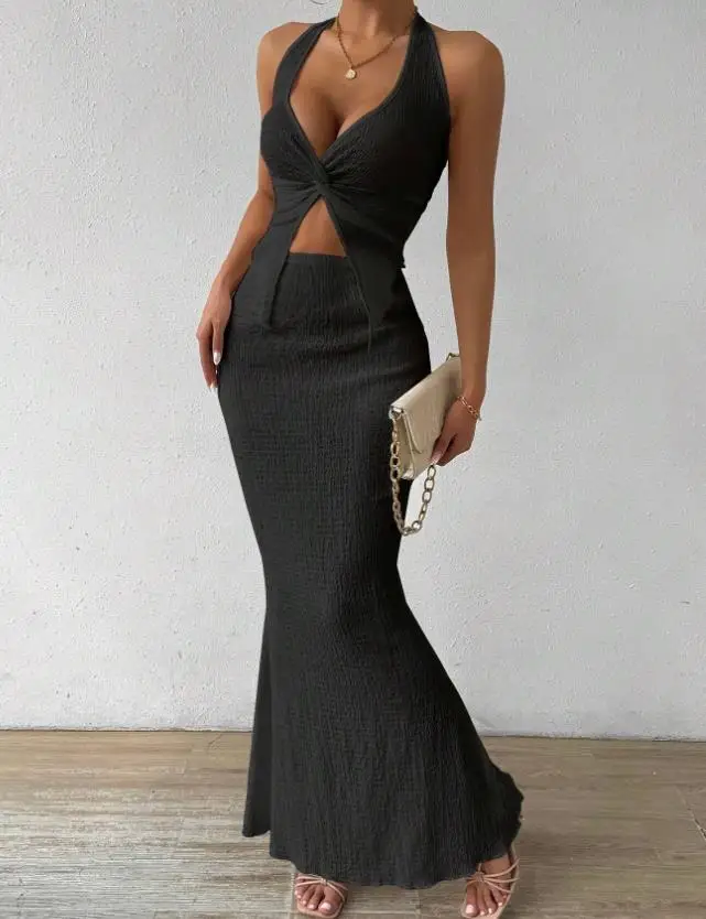 Tuularose White Long Skirt Two Piece Summer Sexy Twist Lace-up Vest Top Tight Long Skirt Set Elegant 2025 Female Long Dress Sets