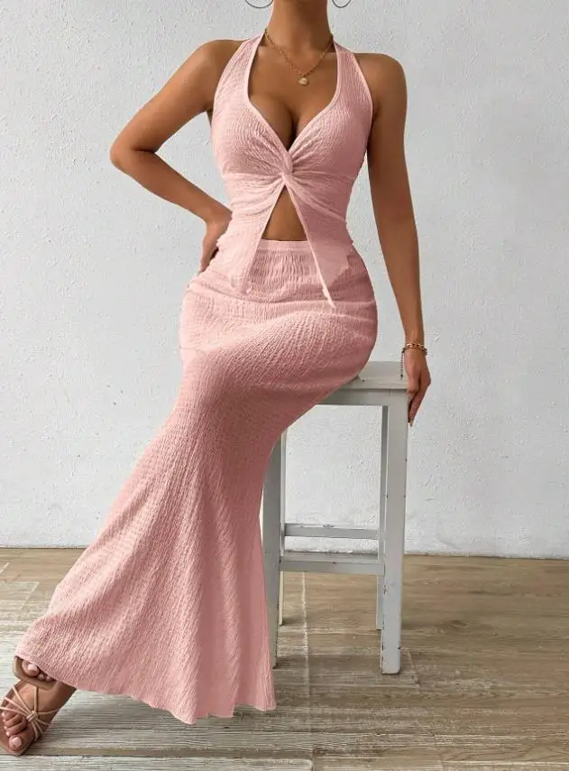 Tuularose White Long Skirt Two Piece Summer Sexy Twist Lace-up Vest Top Tight Long Skirt Set Elegant 2025 Female Long Dress Sets