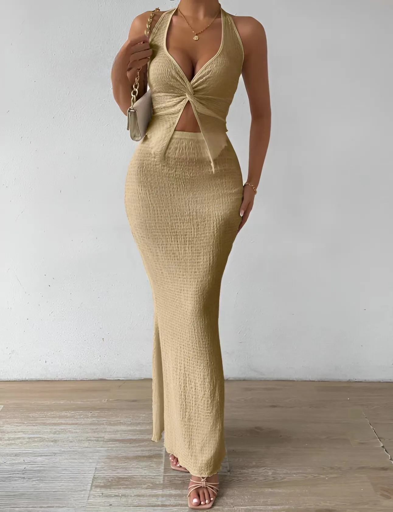 Tuularose White Long Skirt Two Piece Summer Sexy Twist Lace-up Vest Top Tight Long Skirt Set Elegant 2025 Female Long Dress Sets