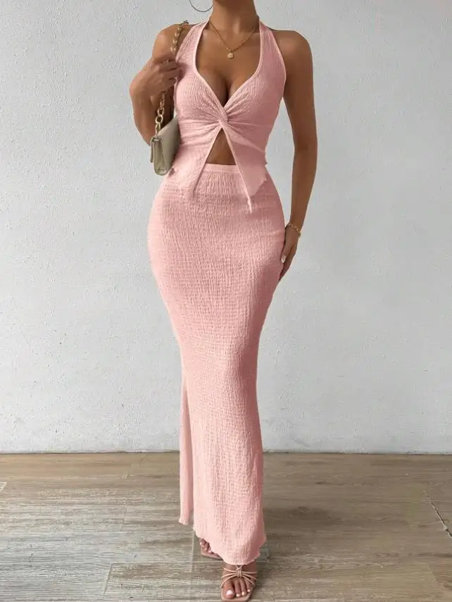 Tuularose White Long Skirt Two Piece Summer Sexy Twist Lace-up Vest Top Tight Long Skirt Set Elegant 2025 Female Long Dress Sets