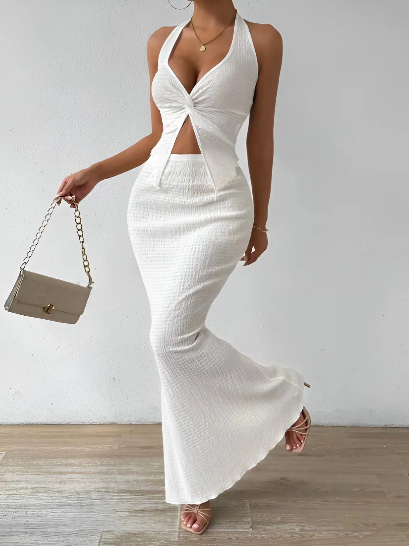 Tuularose White Long Skirt Two Piece Summer Sexy Twist Lace-up Vest Top Tight Long Skirt Set Elegant 2025 Female Long Dress Sets