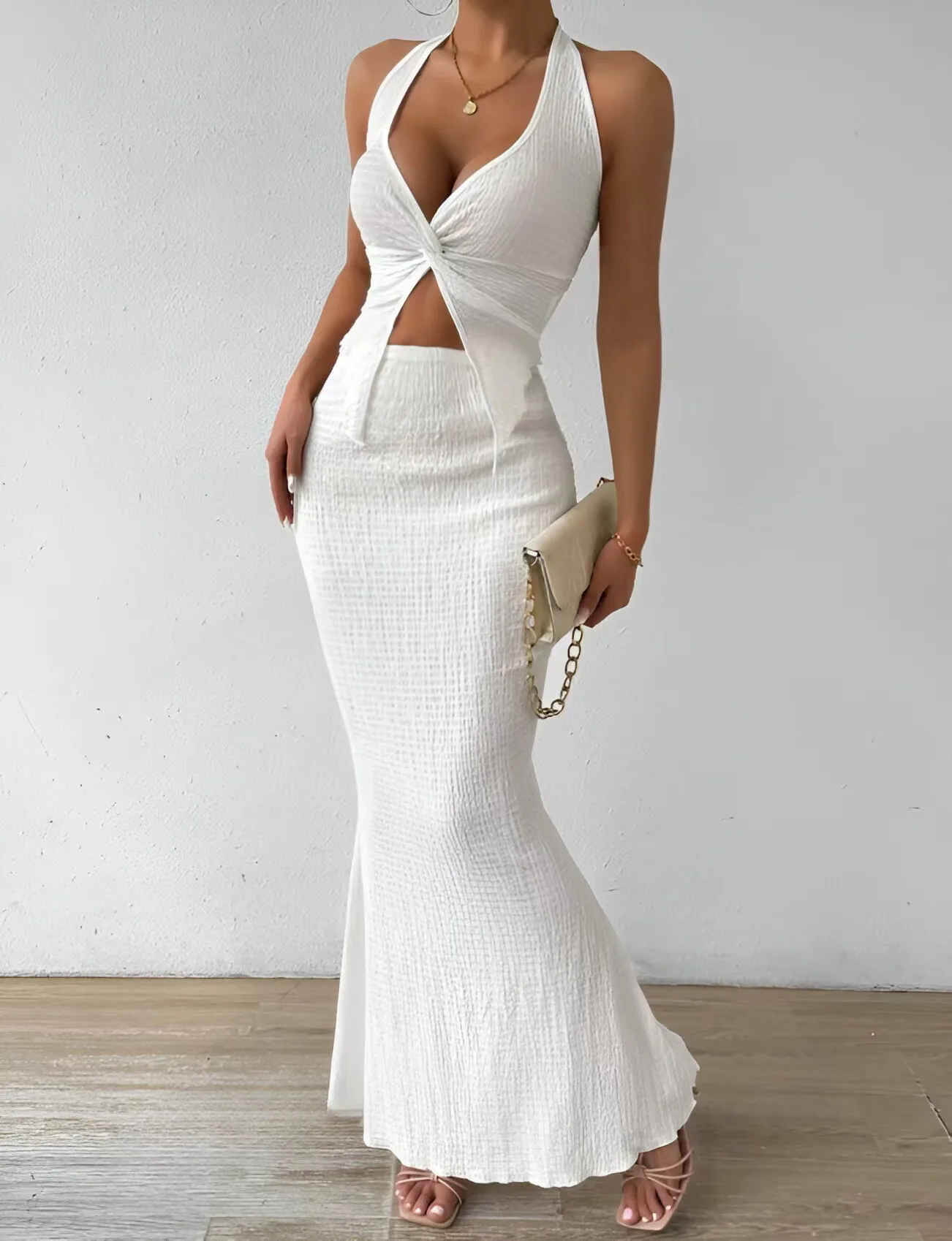 Tuularose White Long Skirt Two Piece Summer Sexy Twist Lace-up Vest Top Tight Long Skirt Set Elegant 2025 Female Long Dress Sets