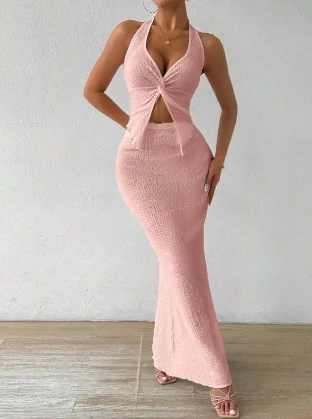 Tuularose White Long Skirt Two Piece Summer Sexy Twist Lace-up Vest Top Tight Long Skirt Set Elegant 2025 Female Long Dress Sets