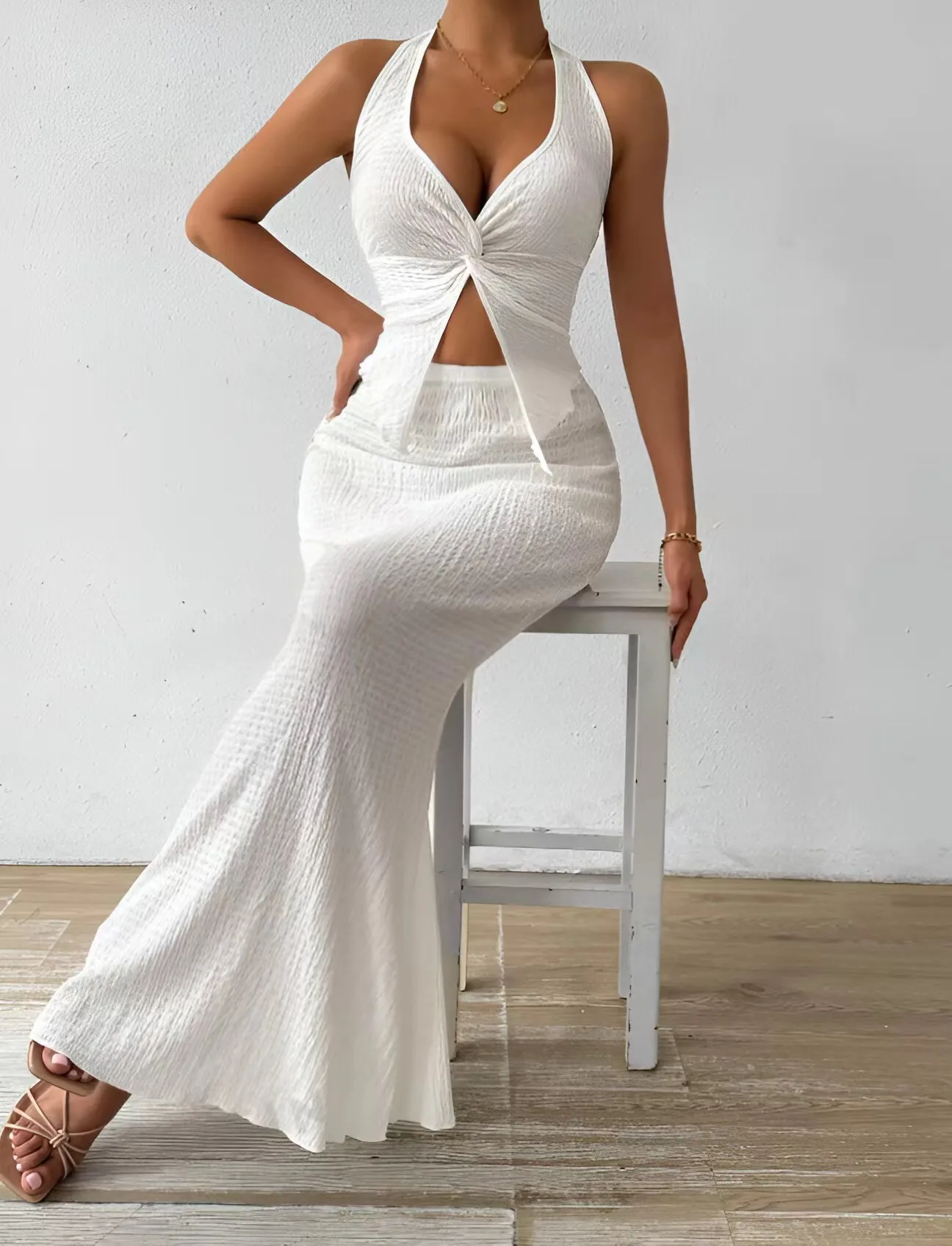 Tuularose White Long Skirt Two Piece Summer Sexy Twist Lace-up Vest Top Tight Long Skirt Set Elegant 2025 Female Long Dress Sets