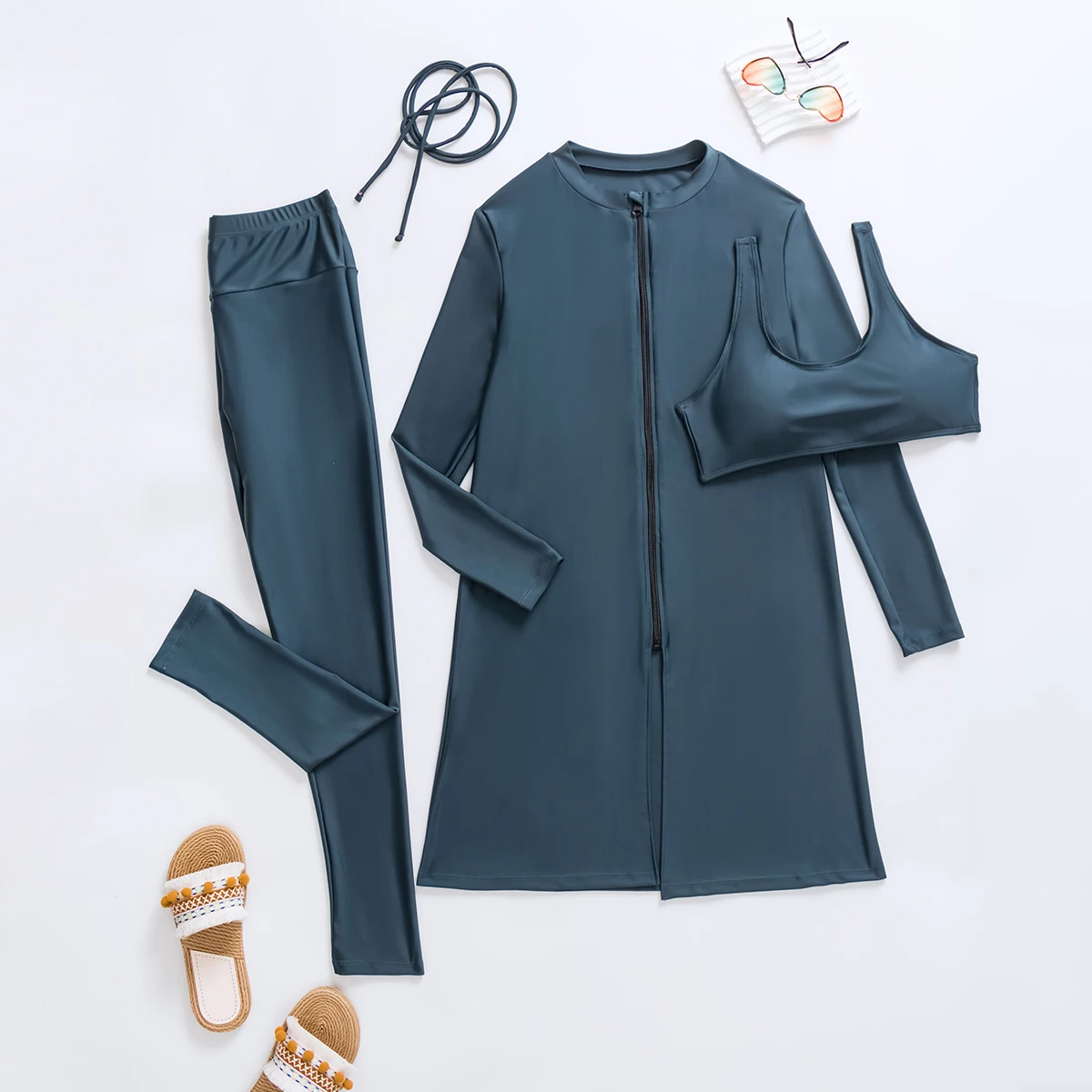 New Muslim Swimwear Burkini 3pcs set solid color swimsuit for Muslim Women long sleeve suits diving suit and surf wear in summer