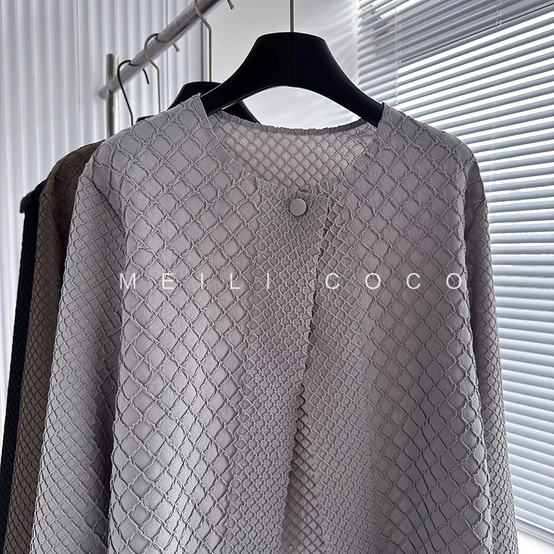 Miyake Pleated Jacket Female New 2025 Fall Round Neck Long-sleeved Blouse Loose Versatile Casual Thin Diamond Plaid Cardigan