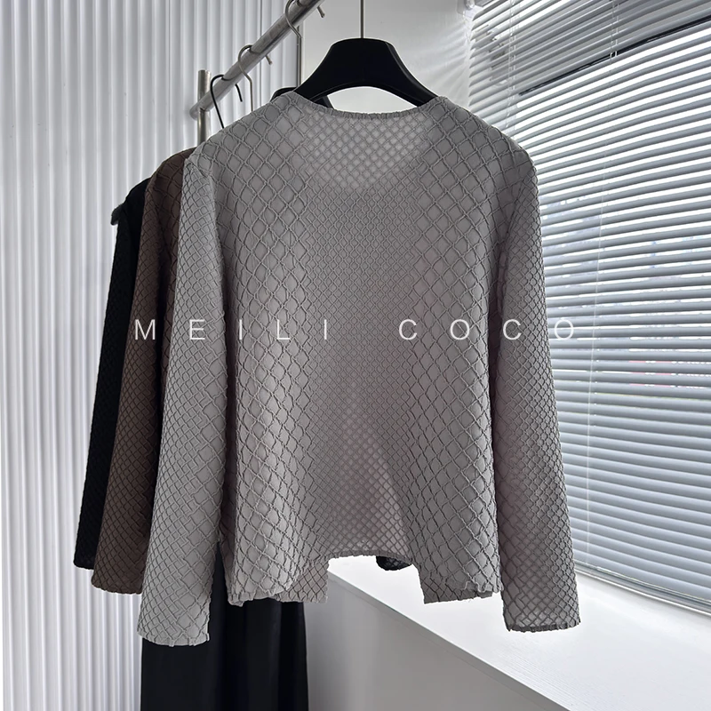 Miyake Pleated Jacket Female New 2025 Fall Round Neck Long-sleeved Blouse Loose Versatile Casual Thin Diamond Plaid Cardigan