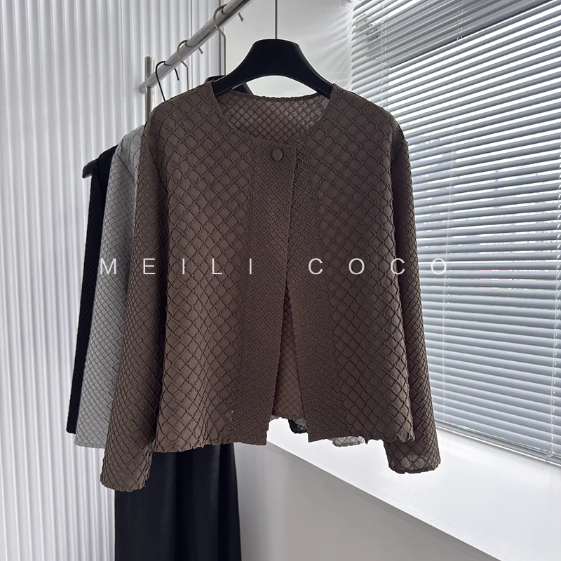Miyake Pleated Jacket Female New 2025 Fall Round Neck Long-sleeved Blouse Loose Versatile Casual Thin Diamond Plaid Cardigan