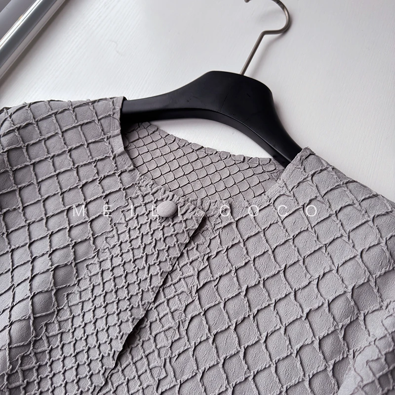 Miyake Pleated Jacket Female New 2025 Fall Round Neck Long-sleeved Blouse Loose Versatile Casual Thin Diamond Plaid Cardigan