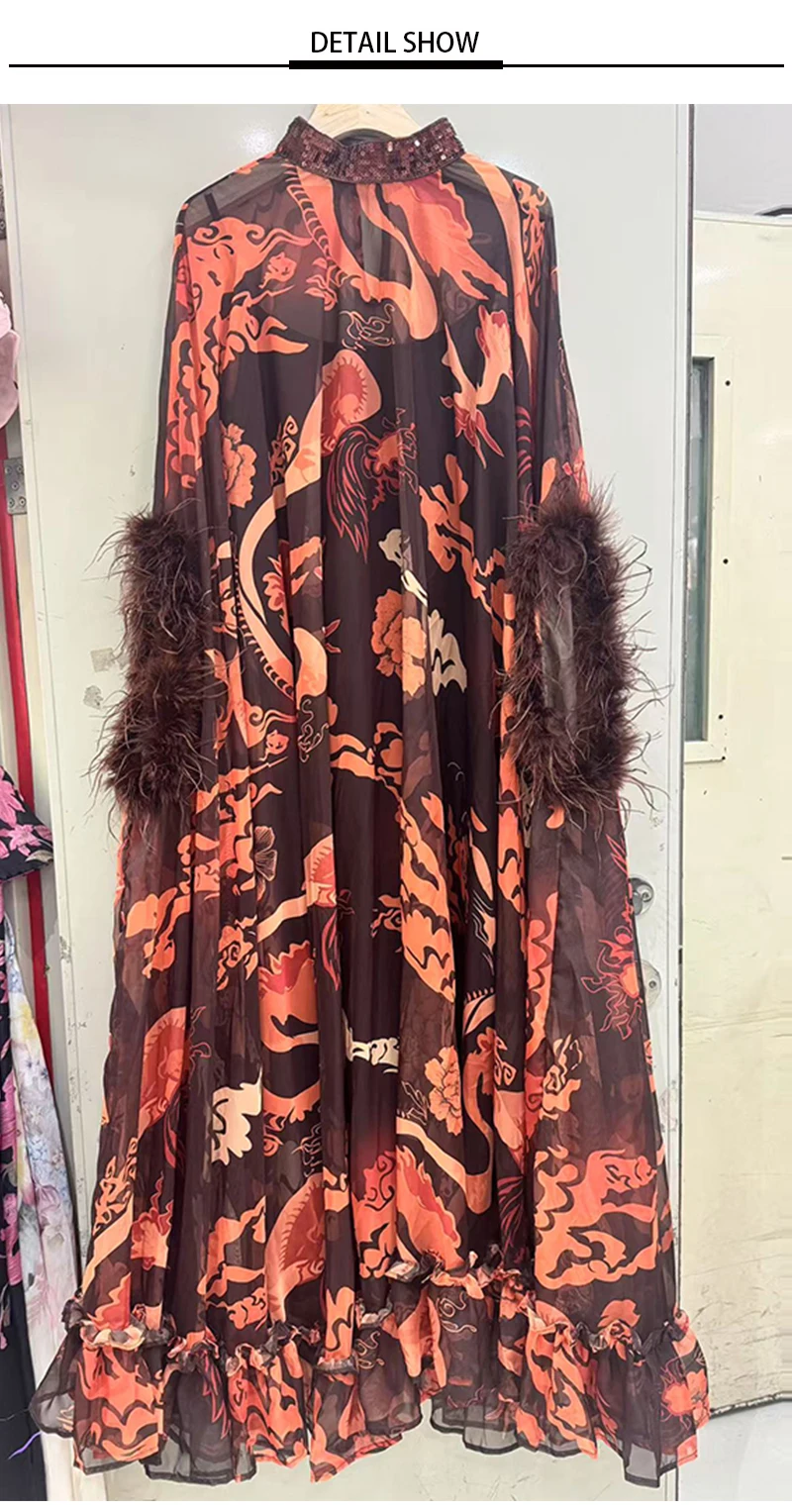 Retro Spring Women's New Stand-Up Collar Printed Bat Sleeve Feather Stitching Loose Cloak Dress Elegant Fashion Dress