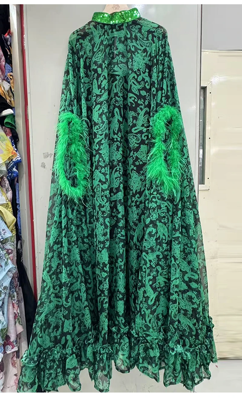 Retro Spring Women's New Stand-Up Collar Printed Bat Sleeve Feather Stitching Loose Cloak Dress Elegant Fashion Dress
