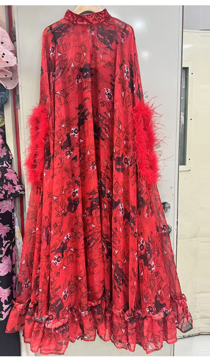 Retro Spring Women's New Stand-Up Collar Printed Bat Sleeve Feather Stitching Loose Cloak Dress Elegant Fashion Dress