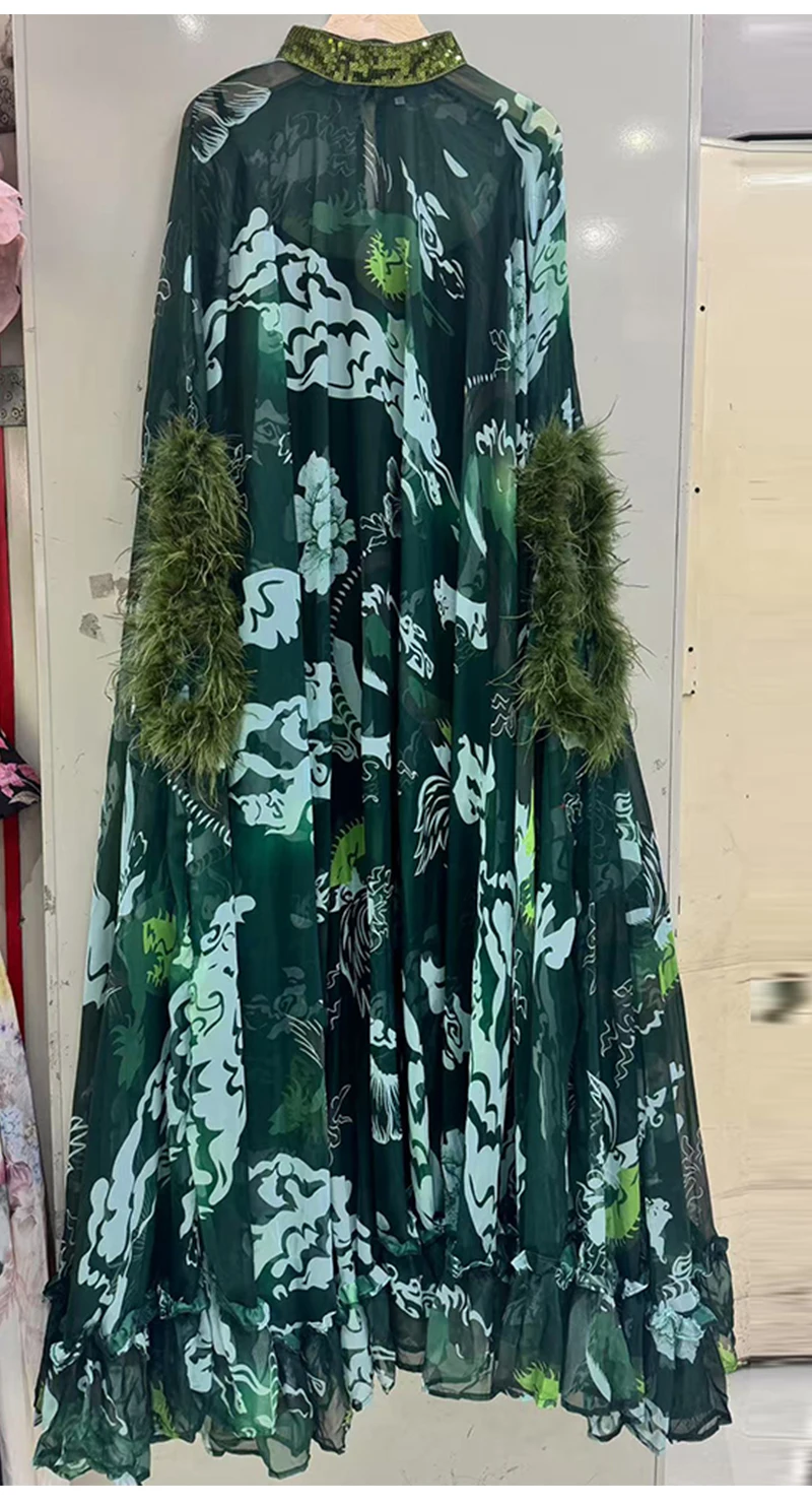 Retro Spring Women's New Stand-Up Collar Printed Bat Sleeve Feather Stitching Loose Cloak Dress Elegant Fashion Dress