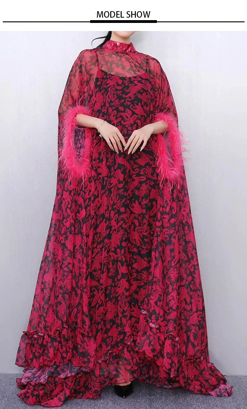 Retro Spring Women's New Stand-Up Collar Printed Bat Sleeve Feather Stitching Loose Cloak Dress Elegant Fashion Dress