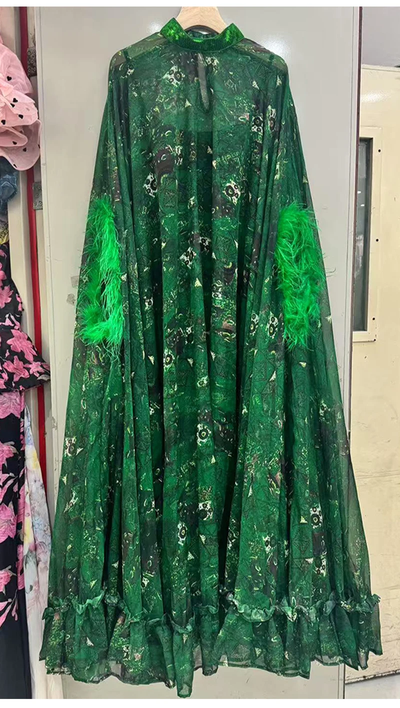 Retro Spring Women's New Stand-Up Collar Printed Bat Sleeve Feather Stitching Loose Cloak Dress Elegant Fashion Dress