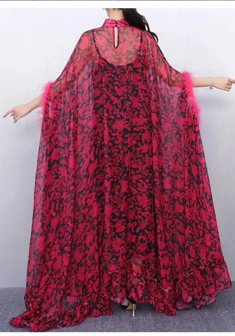 Retro Spring Women's New Stand-Up Collar Printed Bat Sleeve Feather Stitching Loose Cloak Dress Elegant Fashion Dress