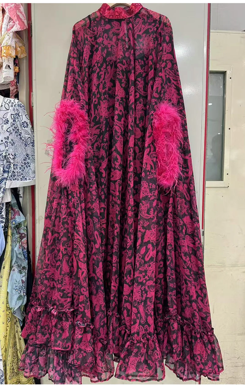 Retro Spring Women's New Stand-Up Collar Printed Bat Sleeve Feather Stitching Loose Cloak Dress Elegant Fashion Dress