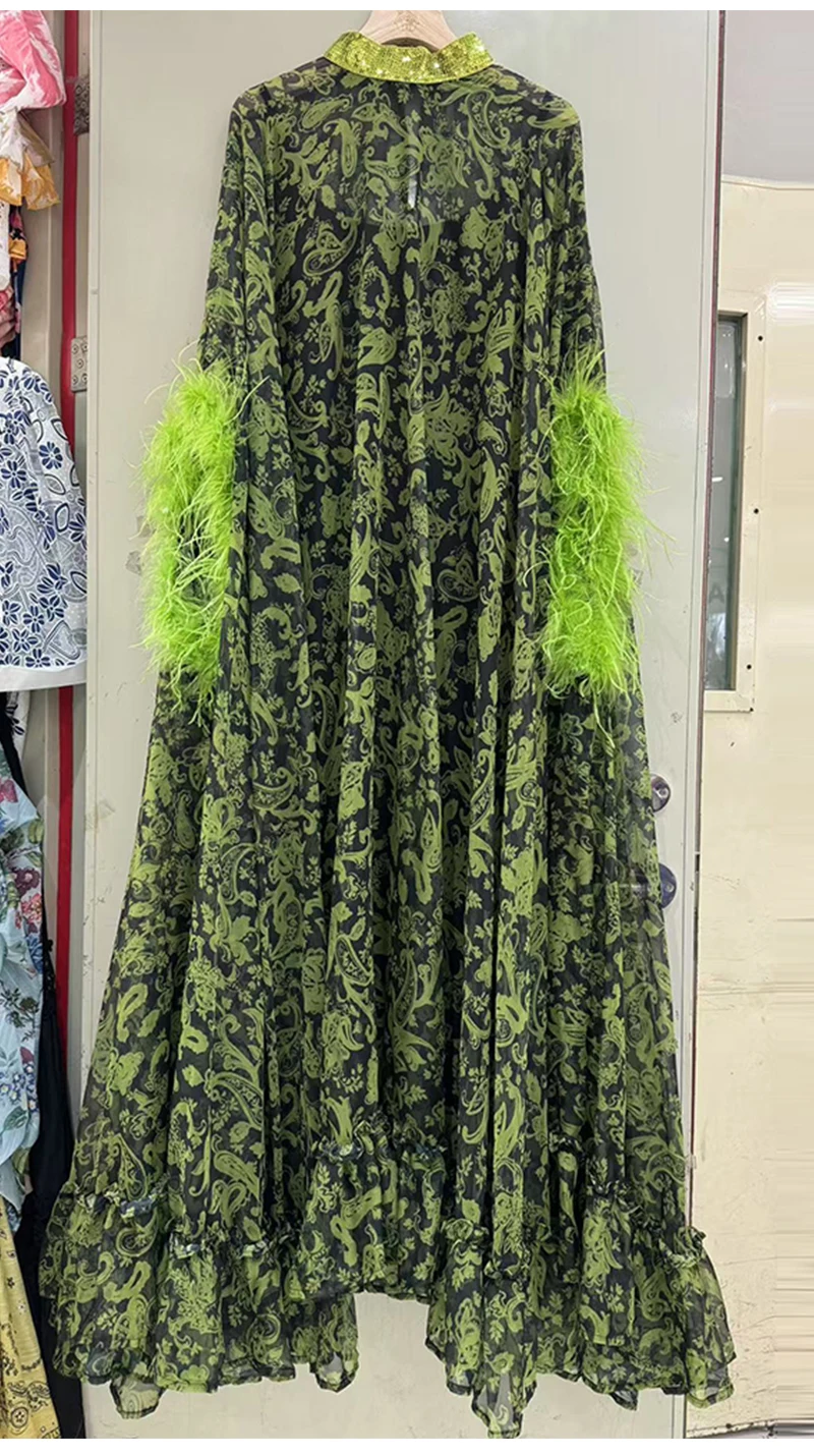Retro Spring Women's New Stand-Up Collar Printed Bat Sleeve Feather Stitching Loose Cloak Dress Elegant Fashion Dress