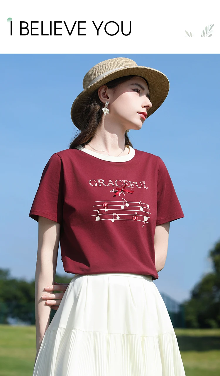 I BELIEVE YOU Short Sleeves Round Neck T-Shirt 2026 Summer New Bead Embroidery Bow Printing Casual Elegant Top Women 2261016244