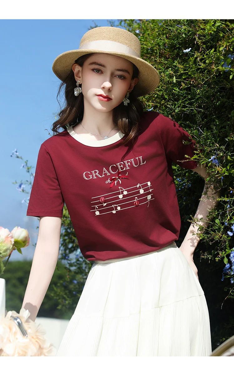 I BELIEVE YOU Short Sleeves Round Neck T-Shirt 2026 Summer New Bead Embroidery Bow Printing Casual Elegant Top Women 2261016244