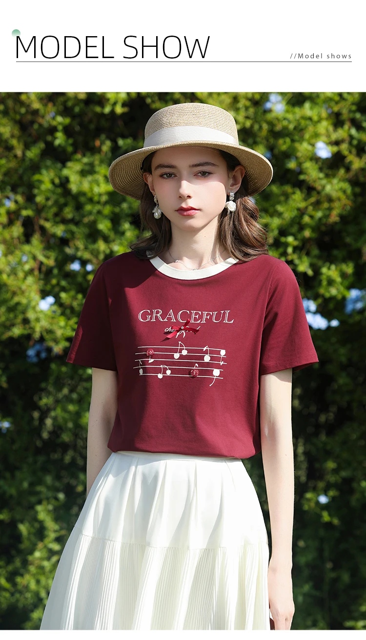 I BELIEVE YOU Short Sleeves Round Neck T-Shirt 2026 Summer New Bead Embroidery Bow Printing Casual Elegant Top Women 2261016244