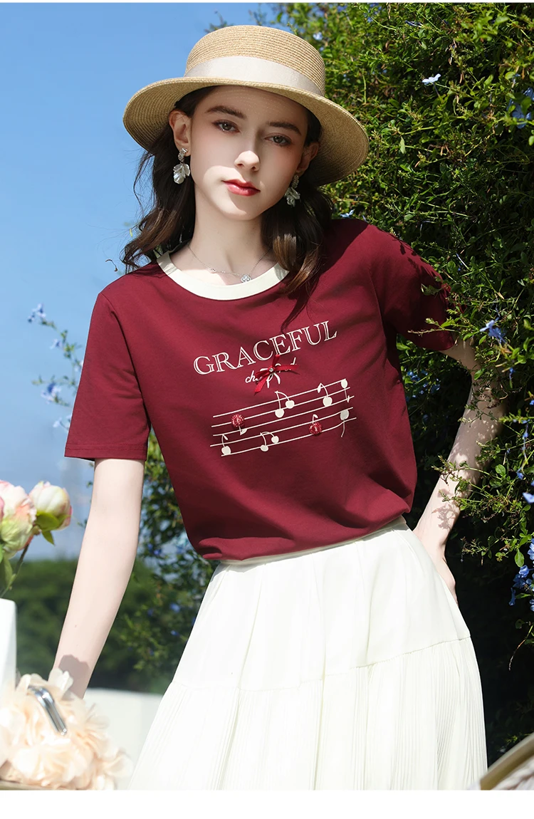 I BELIEVE YOU Short Sleeves Round Neck T-Shirt 2026 Summer New Bead Embroidery Bow Printing Casual Elegant Top Women 2261016244