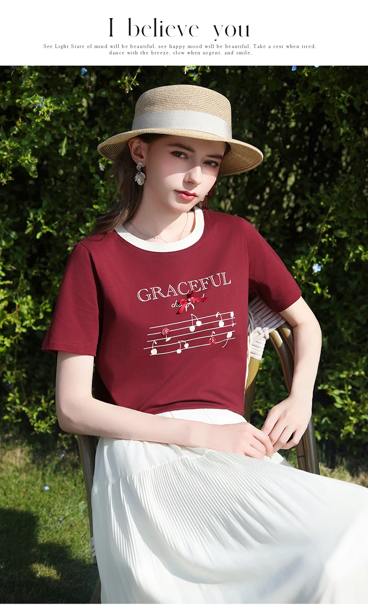 I BELIEVE YOU Short Sleeves Round Neck T-Shirt 2026 Summer New Bead Embroidery Bow Printing Casual Elegant Top Women 2261016244