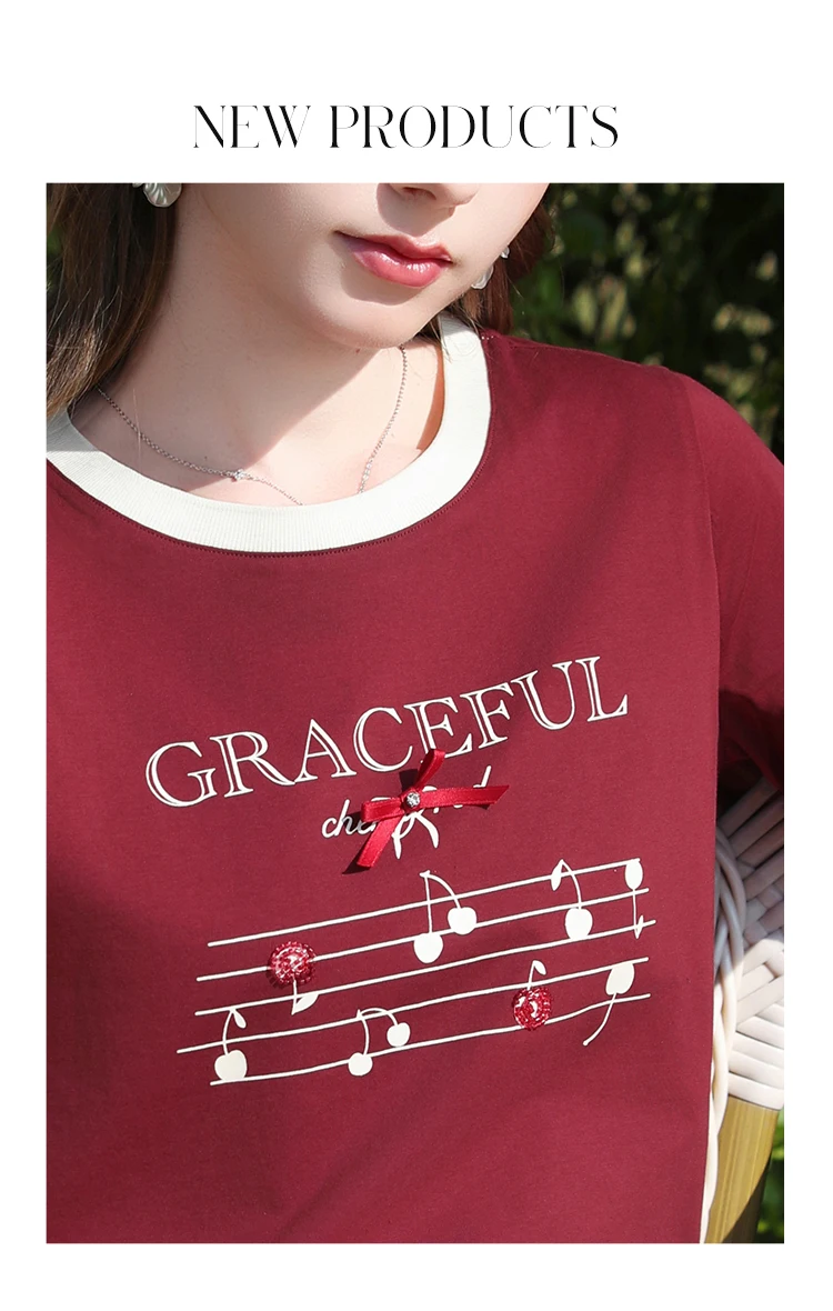 I BELIEVE YOU Short Sleeves Round Neck T-Shirt 2026 Summer New Bead Embroidery Bow Printing Casual Elegant Top Women 2261016244