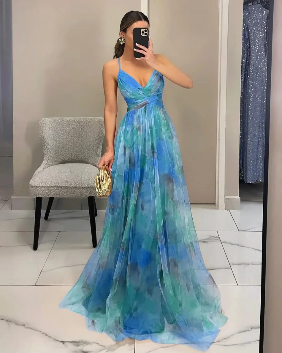 Women's S-XL Size Spring Summer Mesh Printed Hanging Dress Holiday Leisure Party Fashion Slimming Versatile Lady‘s Party Dress