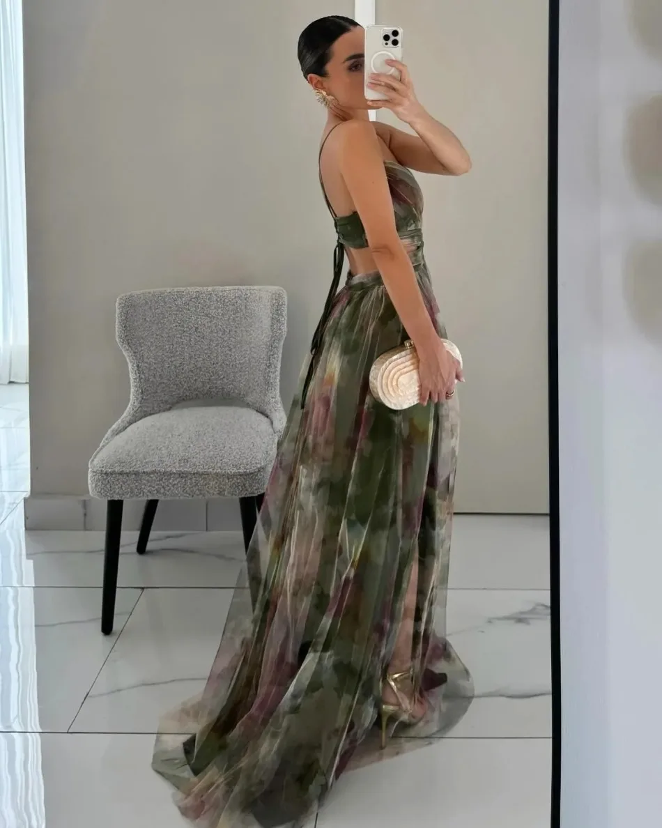 Women's S-XL Size Spring Summer Mesh Printed Hanging Dress Holiday Leisure Party Fashion Slimming Versatile Lady‘s Party Dress