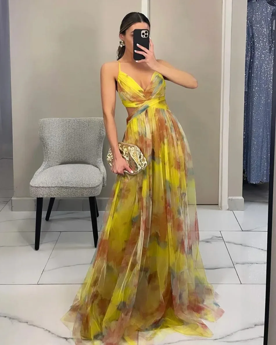 Women's S-XL Size Spring Summer Mesh Printed Hanging Dress Holiday Leisure Party Fashion Slimming Versatile Lady‘s Party Dress
