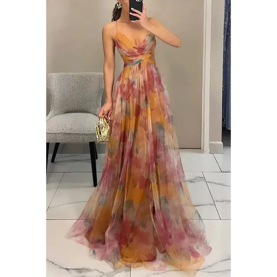 Women's S-XL Size Spring Summer Mesh Printed Hanging Dress Holiday Leisure Party Fashion Slimming Versatile Lady‘s Party Dress