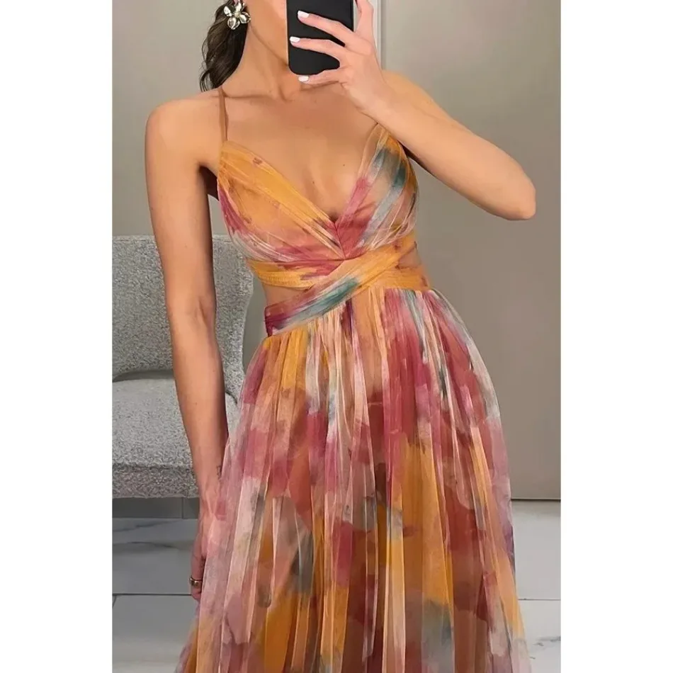 Women's S-XL Size Spring Summer Mesh Printed Hanging Dress Holiday Leisure Party Fashion Slimming Versatile Lady‘s Party Dress