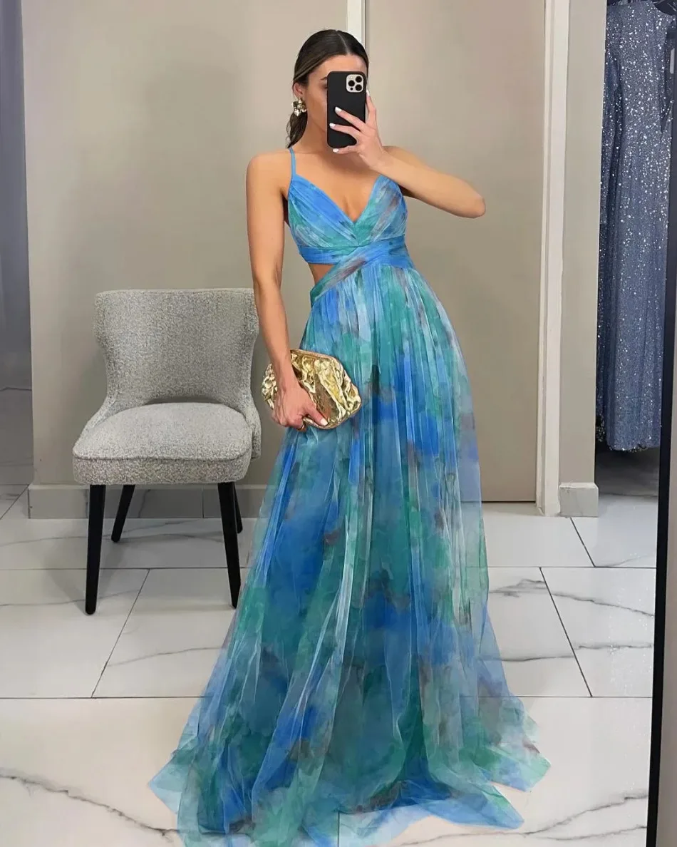 Women's S-XL Size Spring Summer Mesh Printed Hanging Dress Holiday Leisure Party Fashion Slimming Versatile Lady‘s Party Dress