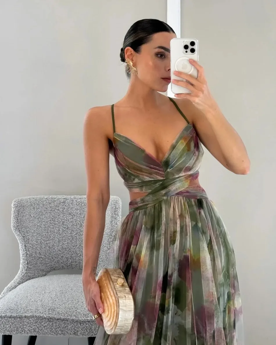 Women's S-XL Size Spring Summer Mesh Printed Hanging Dress Holiday Leisure Party Fashion Slimming Versatile Lady‘s Party Dress