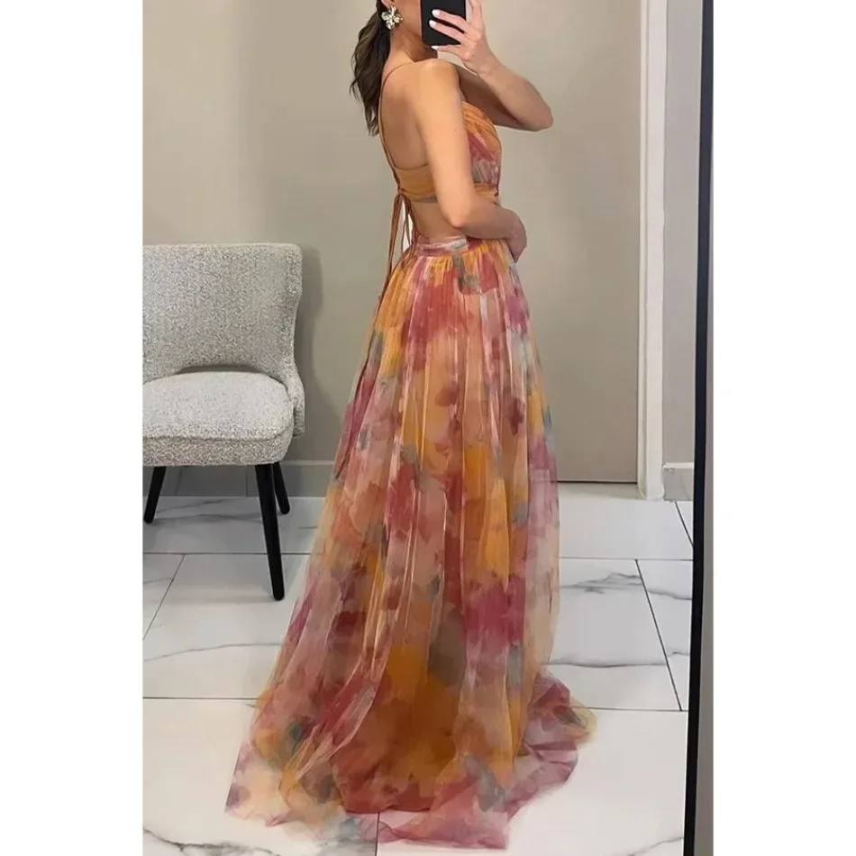 Women's S-XL Size Spring Summer Mesh Printed Hanging Dress Holiday Leisure Party Fashion Slimming Versatile Lady‘s Party Dress
