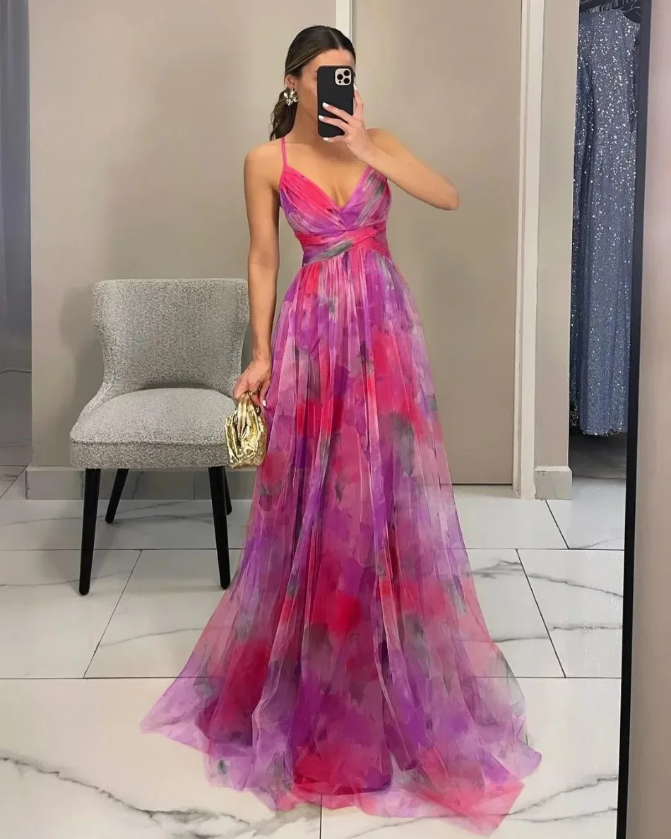 Women's S-XL Size Spring Summer Mesh Printed Hanging Dress Holiday Leisure Party Fashion Slimming Versatile Lady‘s Party Dress