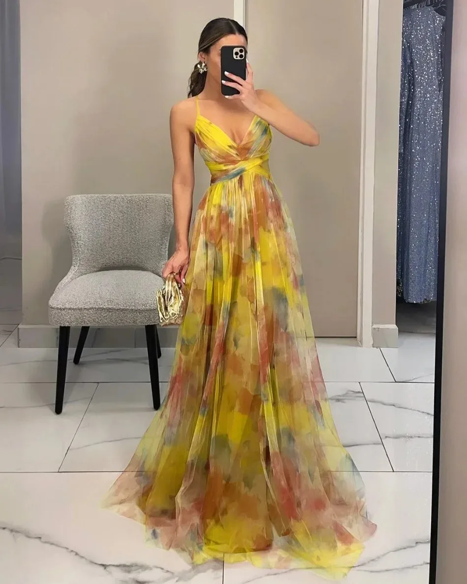 Women's S-XL Size Spring Summer Mesh Printed Hanging Dress Holiday Leisure Party Fashion Slimming Versatile Lady‘s Party Dress