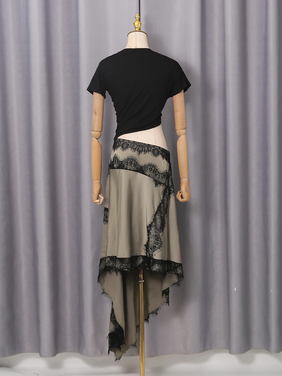 VGH Hit Color Patchwork Lace Women Dress O Neck Short Sleeve High Waist Decaortaion Sexy Long Dresses For Female New Clothes