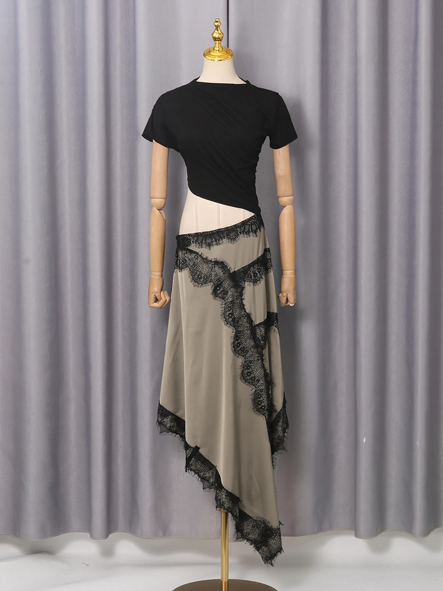 VGH Hit Color Patchwork Lace Women Dress O Neck Short Sleeve High Waist Decaortaion Sexy Long Dresses For Female New Clothes