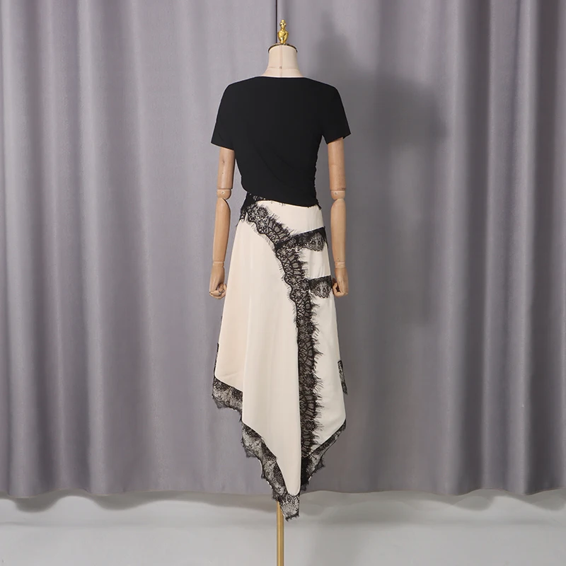 VGH Hit Color Patchwork Lace Women Dress O Neck Short Sleeve High Waist Decaortaion Sexy Long Dresses For Female New Clothes